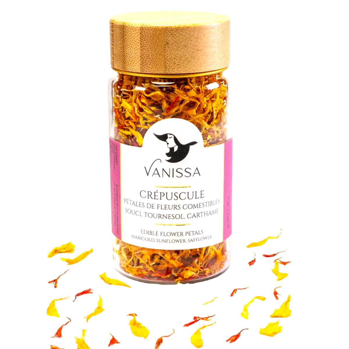 Vanissa Abenddämmerung - Essbare Blütenblätter: Ringelblume, Sonnenblume, Saflor im Glasbehälter