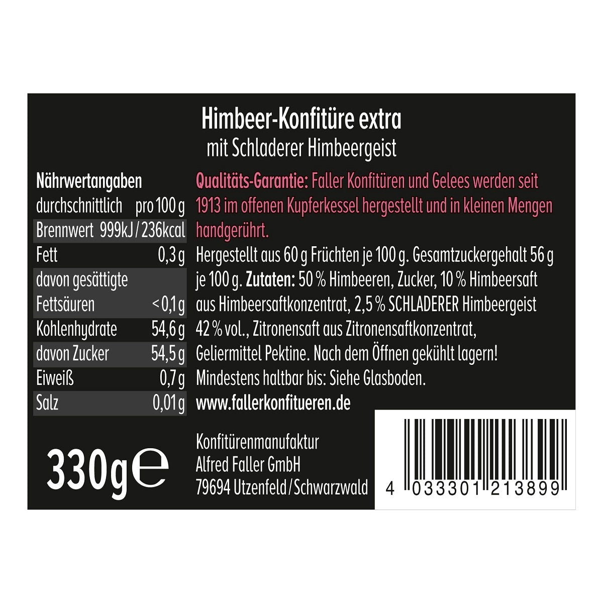 Faller Himbeer-Konfitüre extra mit Himbeergeist: Hausgemachter Genuss 330g