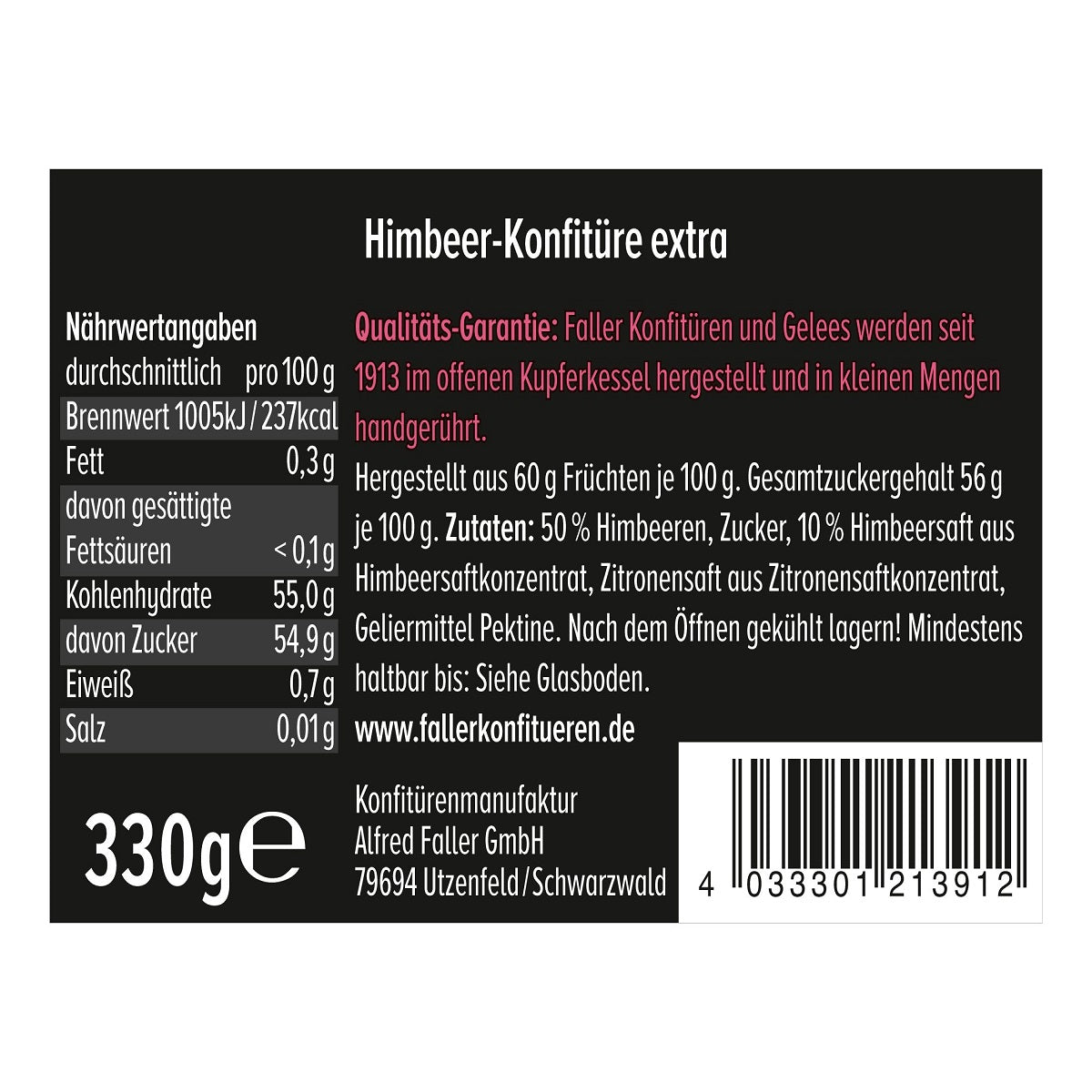 Faller Himbeer-Konfitüre extra: Hausgemacht, 60% Frucht, 330g