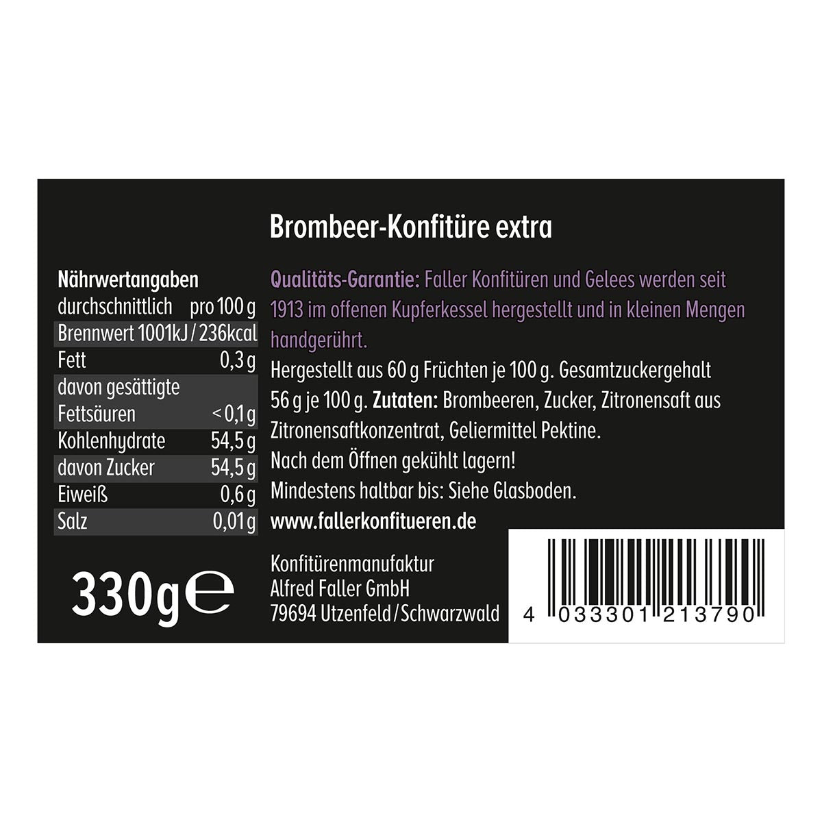 Faller Brombeer-Konfitüre extra: Hausgemachter Genuss, 60% Frucht, 330g