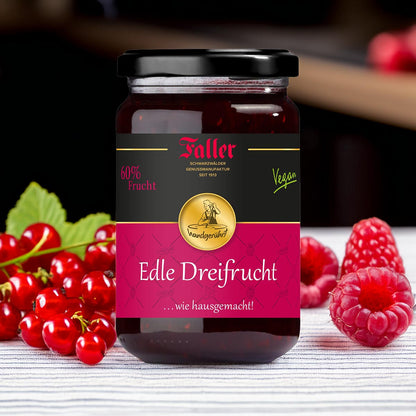 Faller Edle Dreifrucht-Konfitüre extra: Hausgemachter Genuss, 60% Frucht, 330g