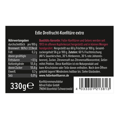 Faller Edle Dreifrucht-Konfitüre extra: Hausgemachter Genuss, 60% Frucht, 330g