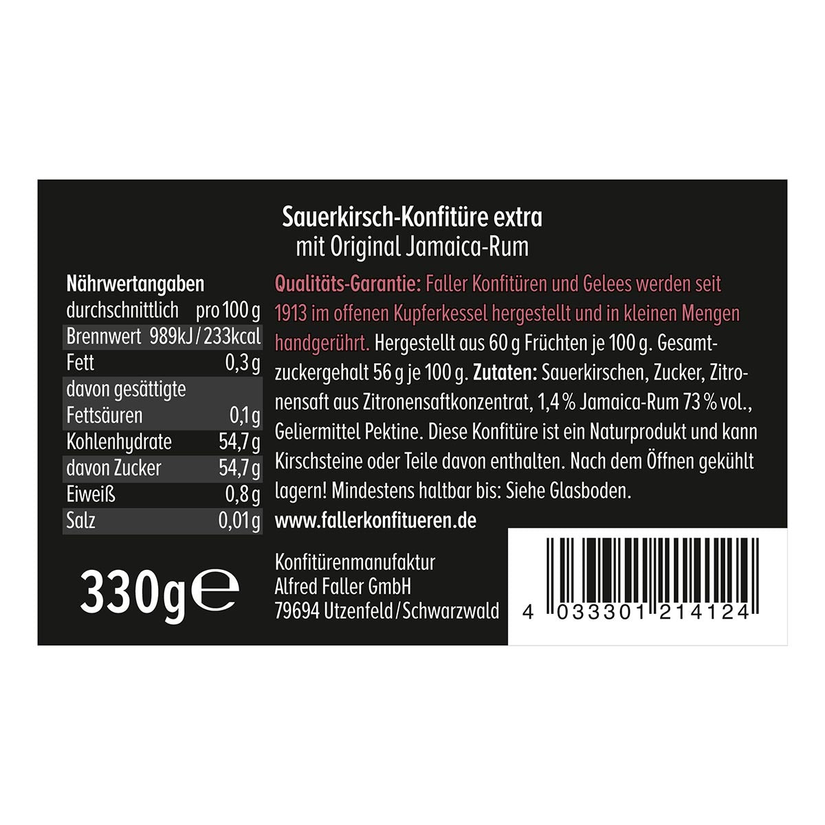 Faller Sauerkirsch-Konfitüre mit Jamaica-Rum: Hausgemachter Genuss, 60% Frucht, 330g