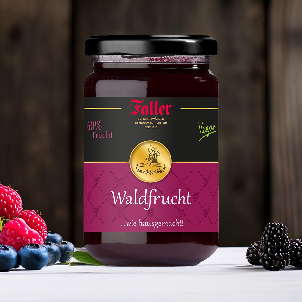 Faller Waldfrucht-Konfitüre: Schwarzwälder Genuss, 60% Frucht, 330g Handwerkskunst