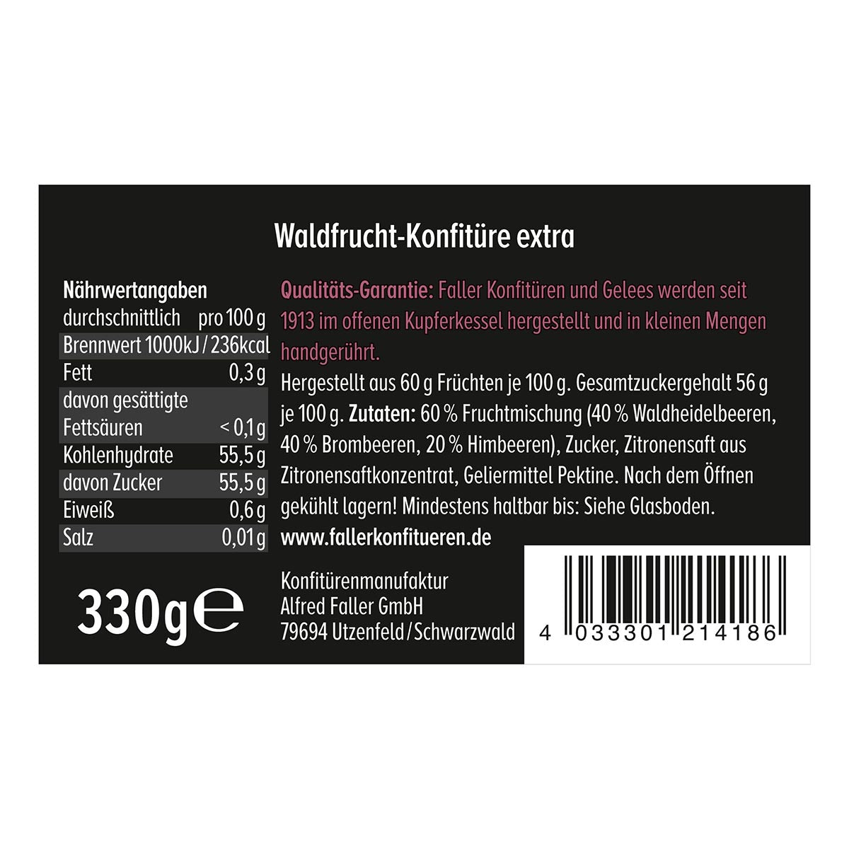 Faller Waldfrucht-Konfitüre: Schwarzwälder Genuss, 60% Frucht, 330g Handwerkskunst