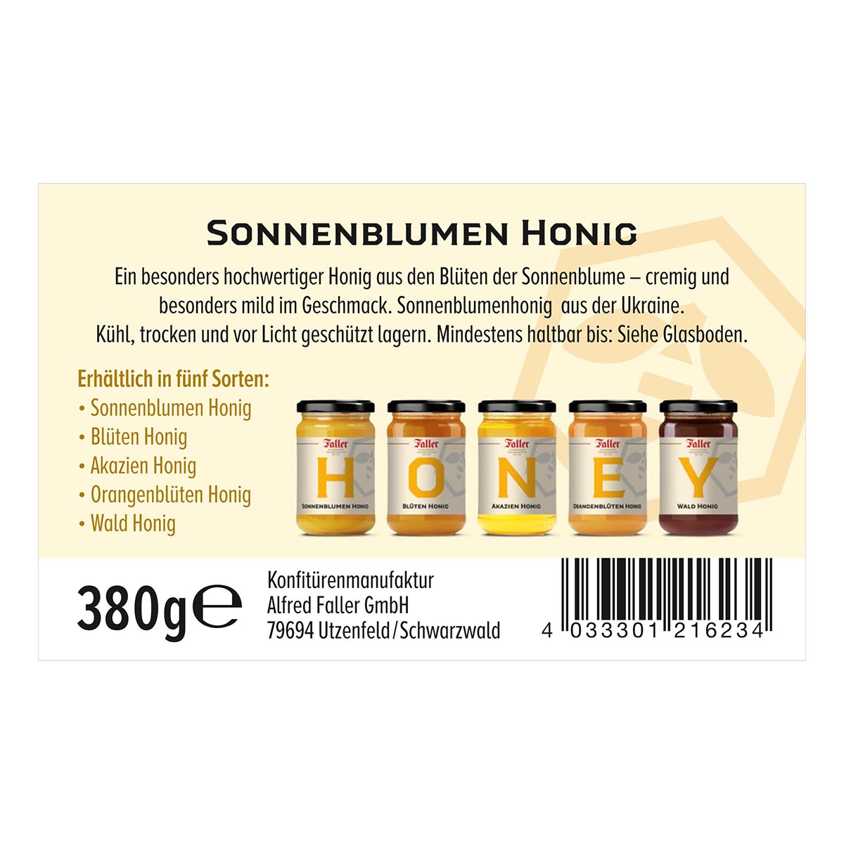 Honig von der Schwarzwälder Genussmanufaktur Faller, Sonnenblumen Honig 380 Gramm