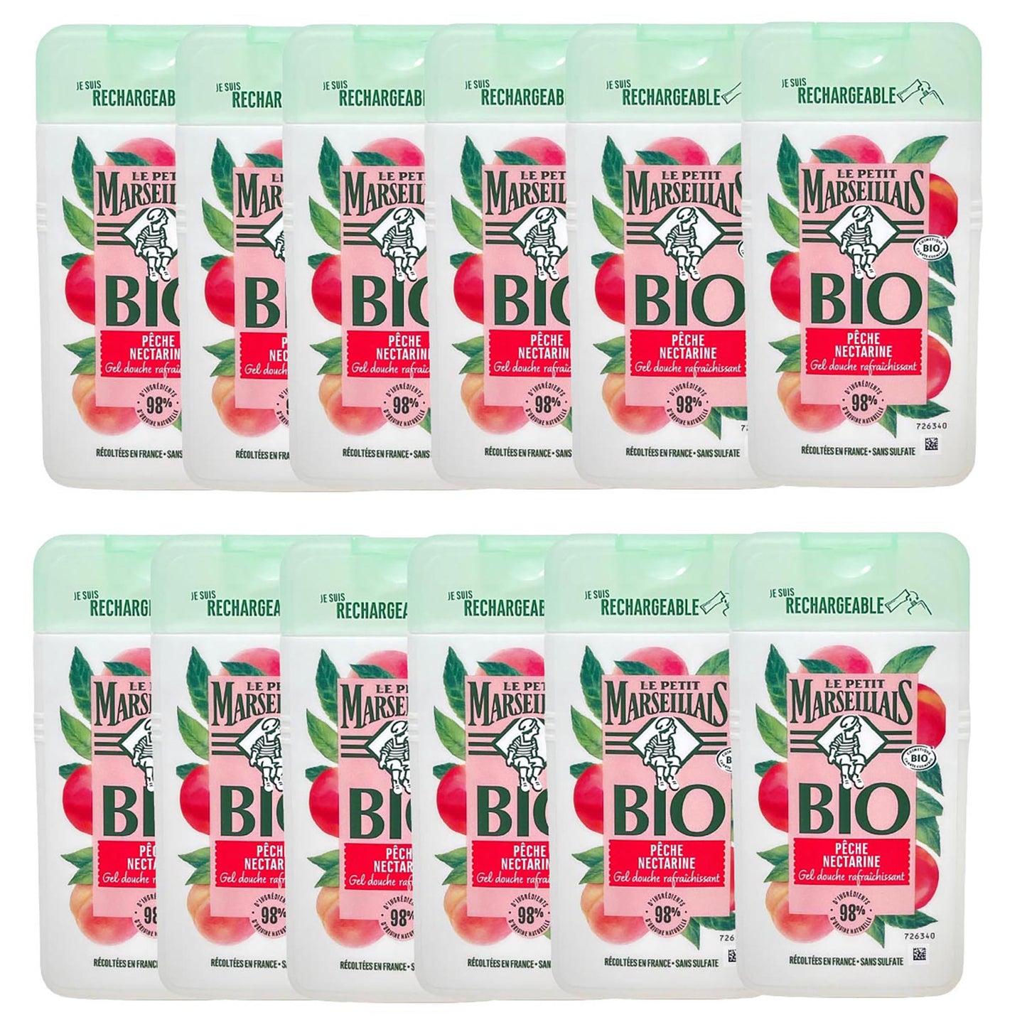 Zwölf Flaschen Bio-Duschgel „Le Petit Marseillais Pêche Nectarine“ – je 250 ml, mit 98 % natürlichen Inhaltsstoffen, sulfatfrei, nachfüllbare Verpackung, fruchtiges Design mit Pfirsich- und Nektarinenmotiv