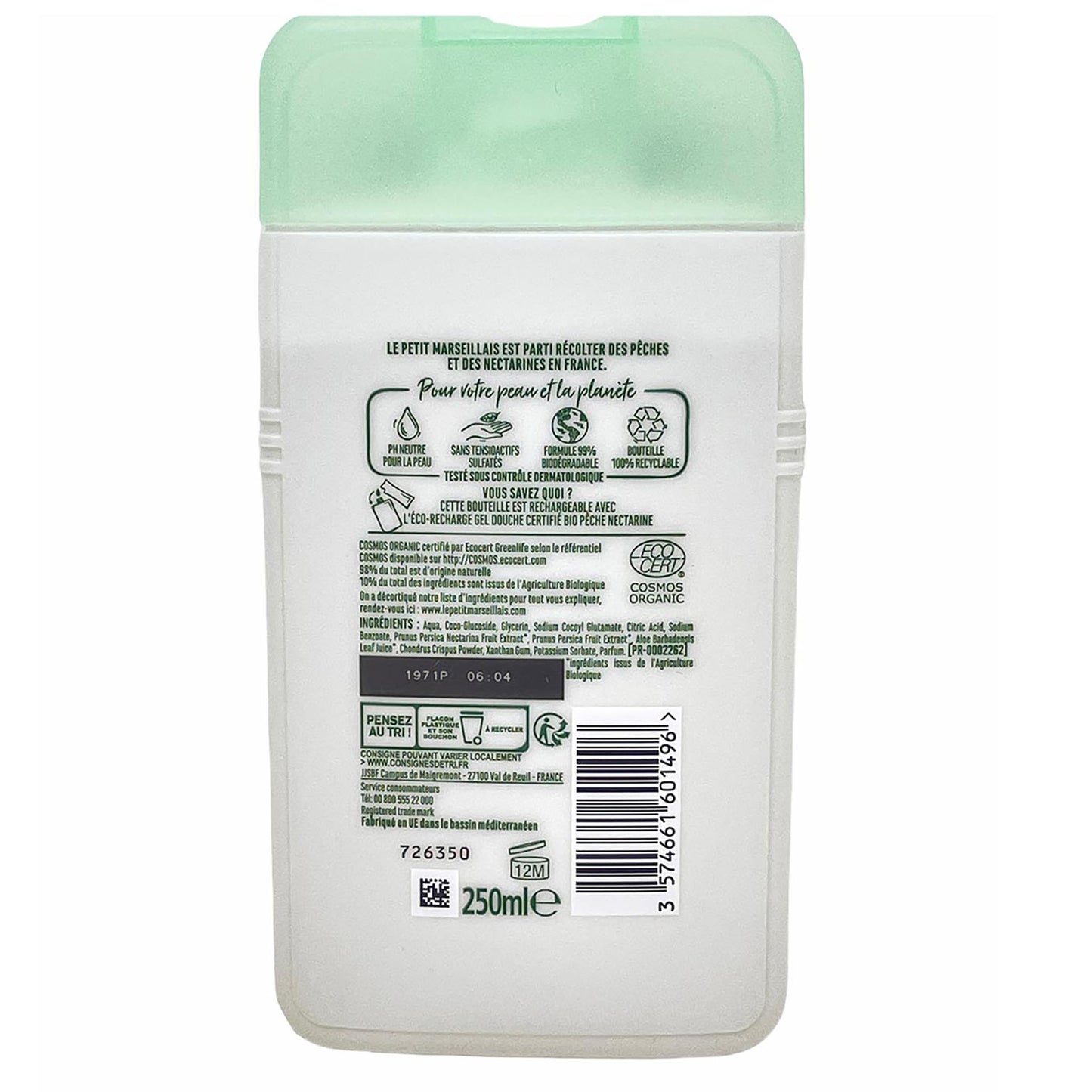 Rückseite des Bio-Duschgels „Le Petit Marseillais Pêche Nectarine“ – 250 ml Flasche mit detaillierter Inhaltsstoffliste, Ecocert-Zertifizierung, 99 % biologisch abbaubare Formel, nachfüllbare und recycelbare Verpackung.