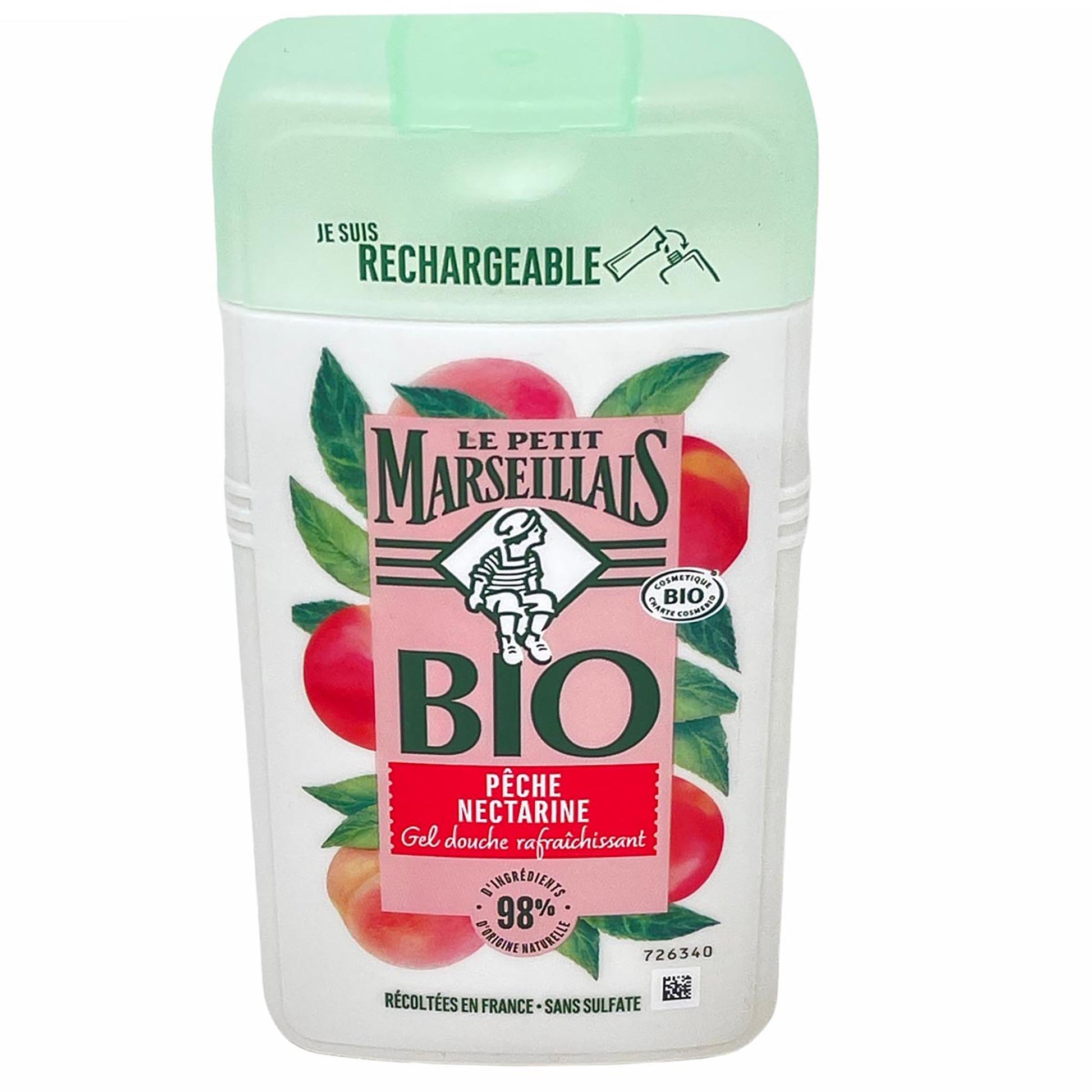 Bio-Duschgel „Le Petit Marseillais Pêche Nectarine“ – 250 ml Flasche mit fruchtigem Design, 98 % natürliche Inhaltsstoffe, sulfatfrei, nachfüllbar, zertifiziert nach COSMOS ORGANIC, hergestellt in Frankreich.