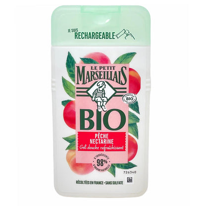 Bio-Duschgel „Le Petit Marseillais Pêche Nectarine“ – 250 ml Flasche mit grünem Deckel, 98 % natürliche Inhaltsstoffe, sulfatfrei, nachfüllbare Verpackung, fruchtiges Design mit Pfirsich- und Nektarinenmotiv