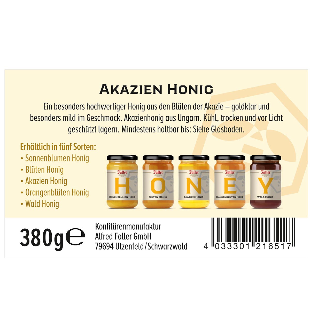 Honig von der Schwarzwälder Genussmanufaktur Faller, Akazienhonig 380 Gramm