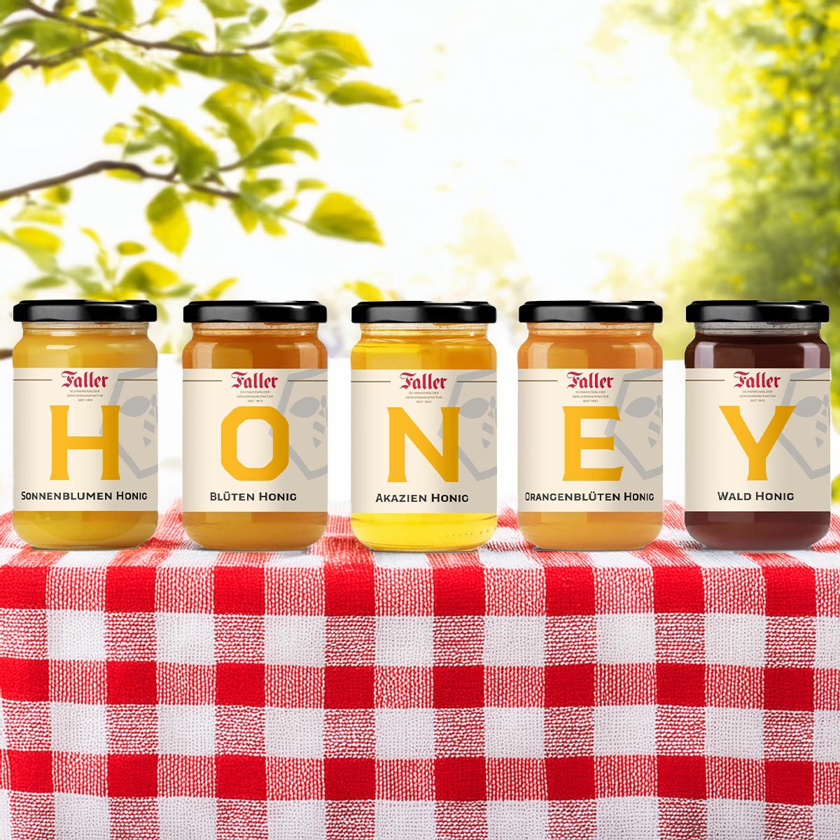 Honig von der Schwarzwälder Genussmanufaktur Faller, Geschenkset HONEY 5 x 380 Gramm
