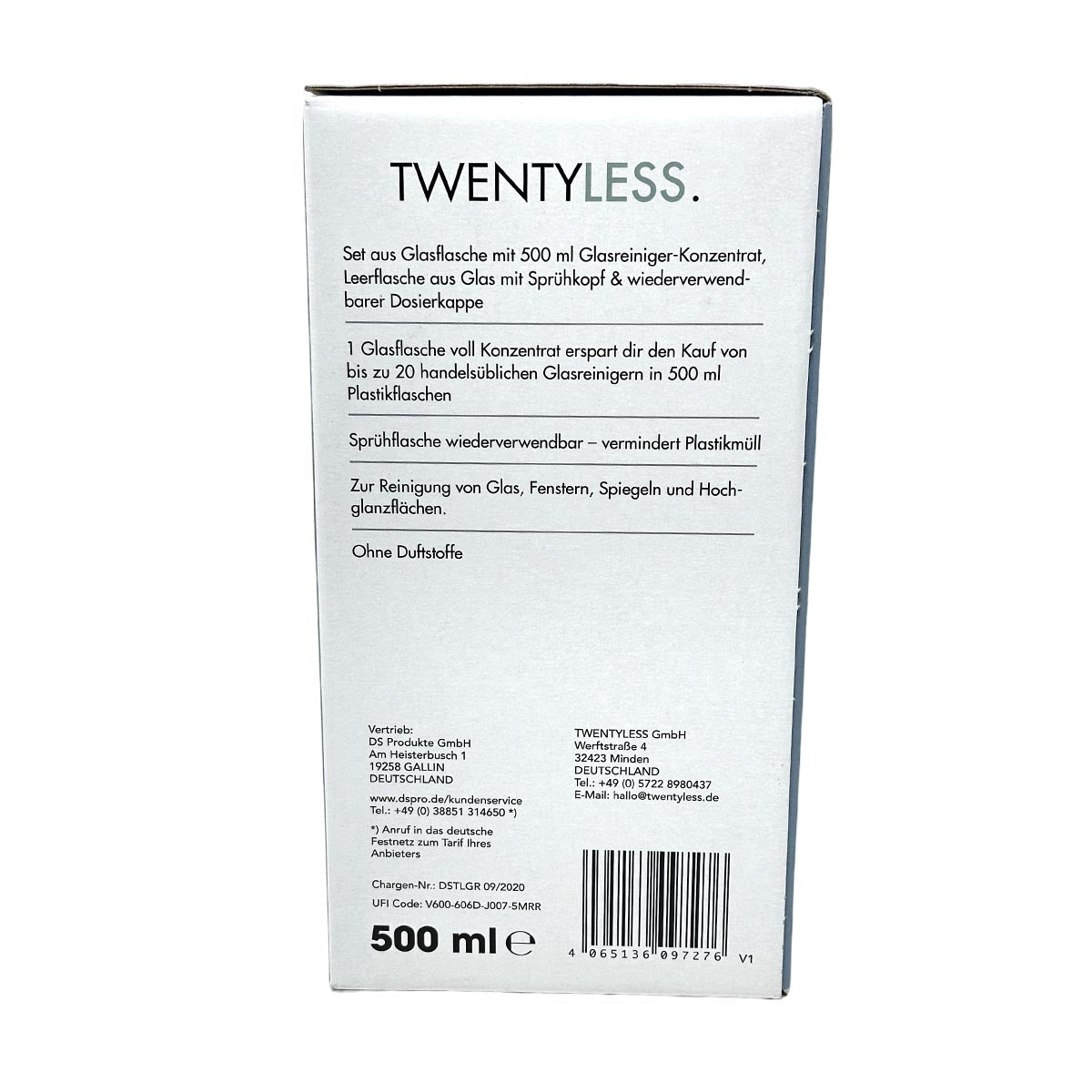 TWENTYLESS Glas Reinigungs-Set 2-tlg. 500 ml Konzentrat  Sprühflasche aus Glas