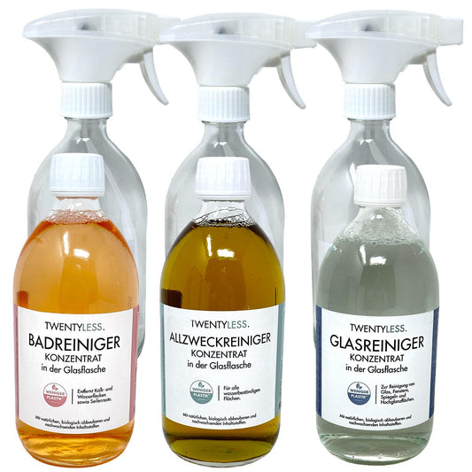 TWENTYLESS Allzweck Reinigungs-Set 6-tlg. 3 x 500 ml Konzentrat  Sprühflasche aus Glas