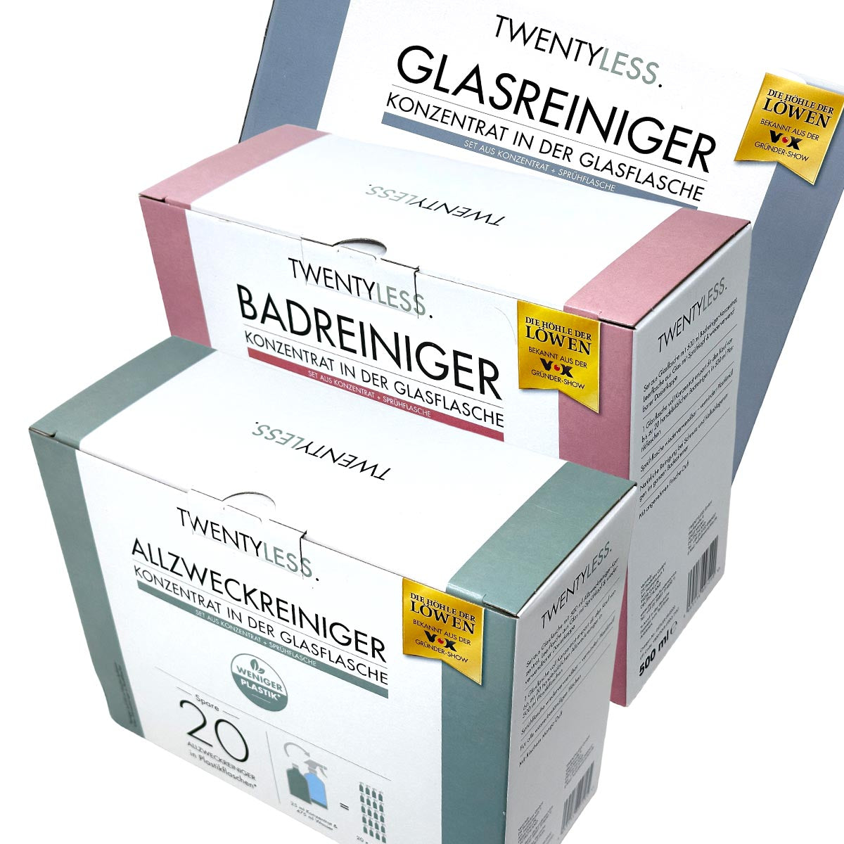 TWENTYLESS Allzweck Reinigungs-Set 6-tlg. 3 x 500 ml Konzentrat  Sprühflasche aus Glas