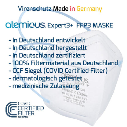 Infografik zur Atemious Expert 3+ FFP3 Maske – Virenschutz „Made in Germany“ mit Merkmalen wie medizinischer Zulassung, dermatologischer Testung und 100 % deutschem Filtermaterial.