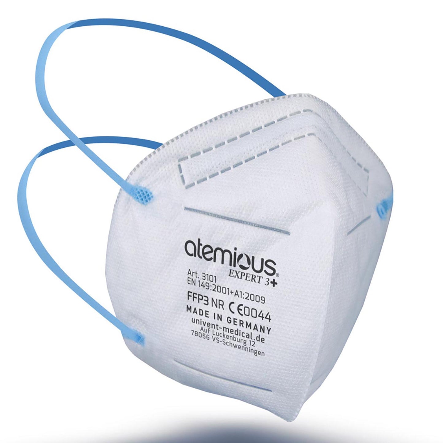 Weiße Atemious Expert 3+ FFP3 Atemschutzmaske mit blauen Kopfbändern vor neutralem Hintergrund – hochwirksame Filtermaske, zertifiziert nach EN 149 und hergestellt in Deutschland.