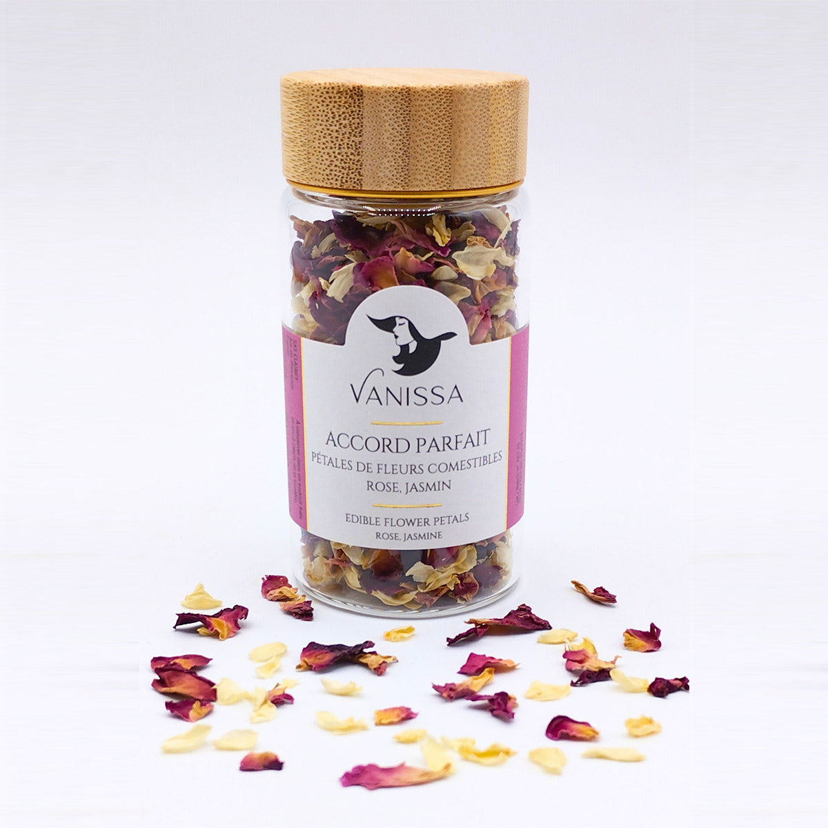 Vanissa Accord Parfait - Essbare Blütenblätter: Rose und Jasmin im Glasbehälter