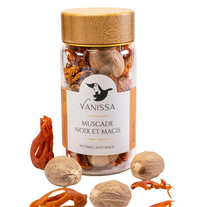 Vanissa Muscade Noix et Macis Muskatnuss mit Muskatnussblüten im Glas
