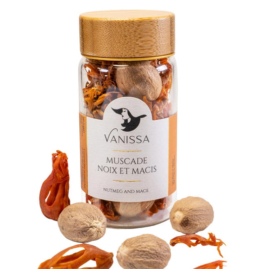 Vanissa Muscade Noix et Macis Muskatnuss mit Muskatnussblüten im Glas
