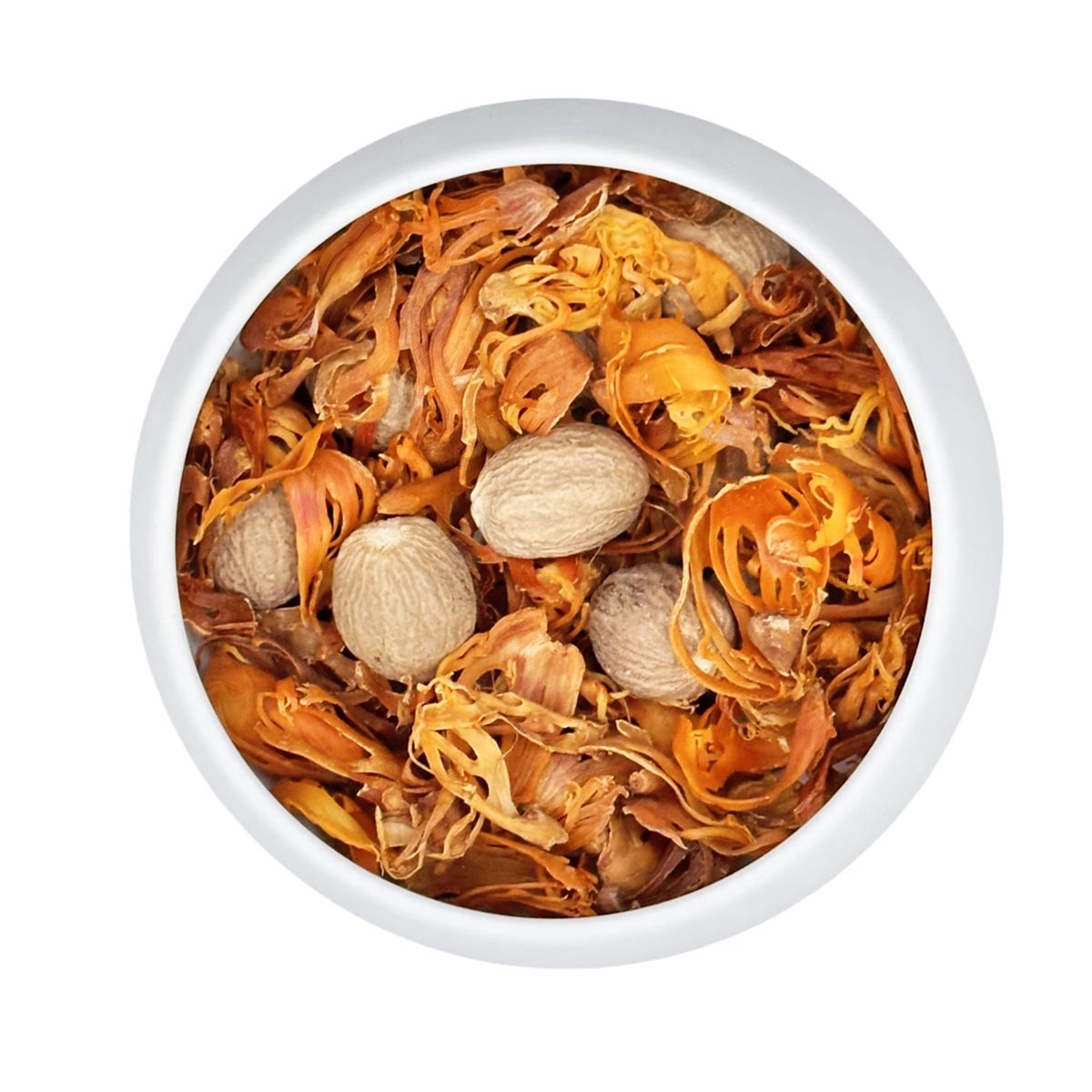 Vanissa Muscade Noix et Macis Muskatnuss mit Muskatnussblüten im Glas