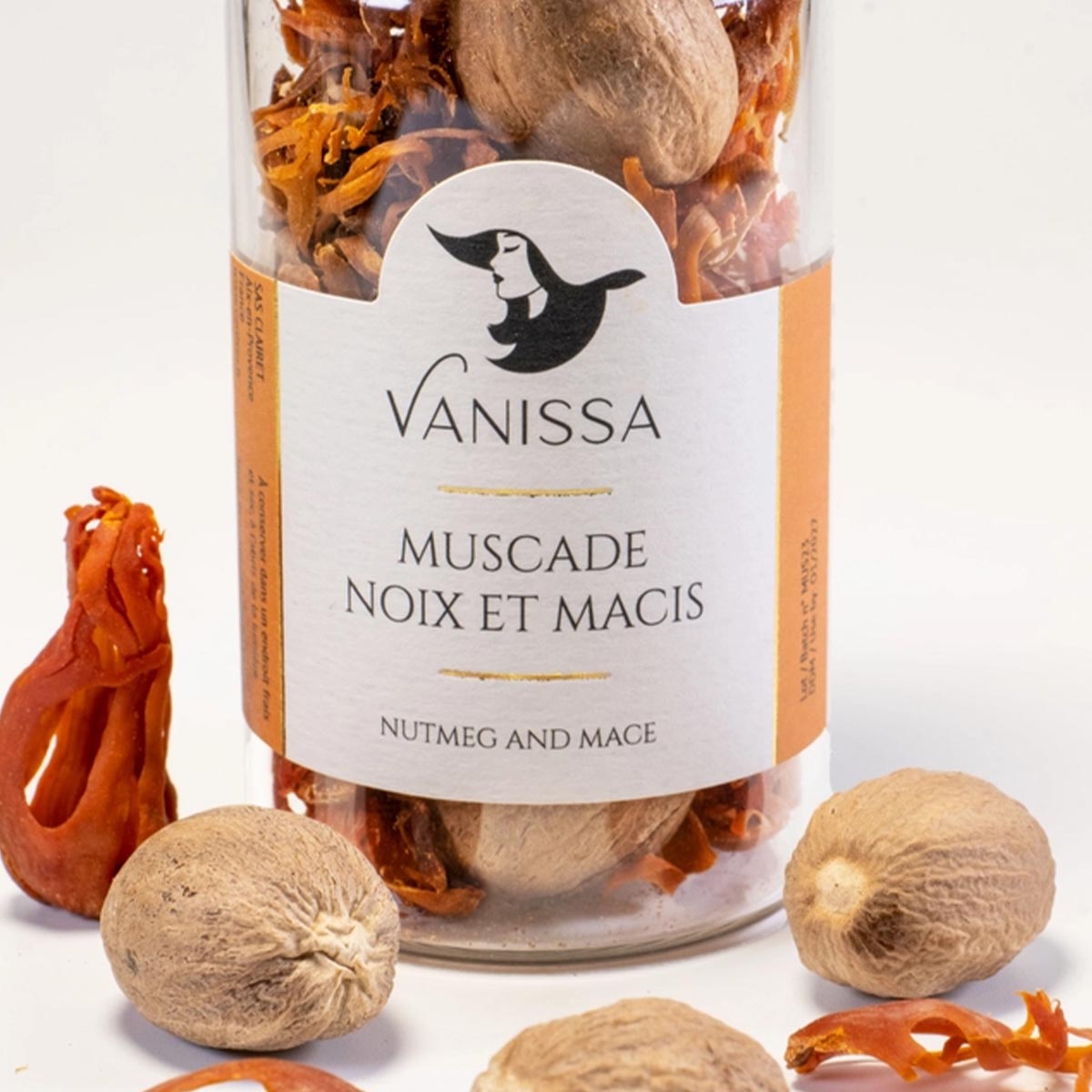 Vanissa Muscade Noix et Macis Muskatnuss mit Muskatnussblüten im Glas