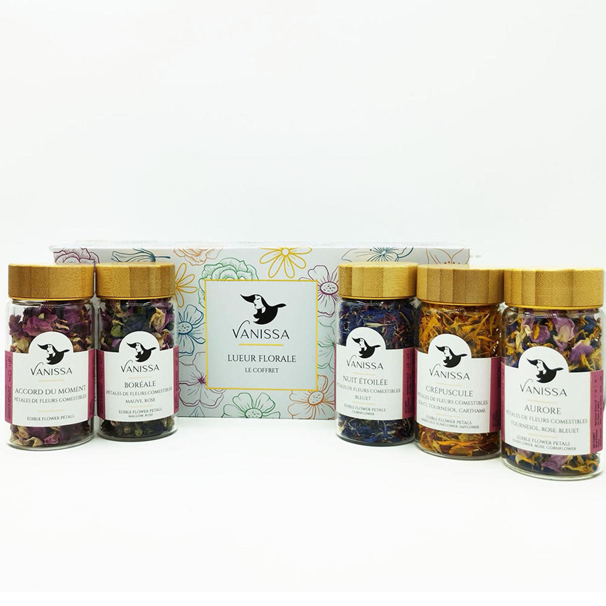 Vanissa - Geschenkset mit 5x essbare Blütenblätter-Mischungen im Glasbehälter