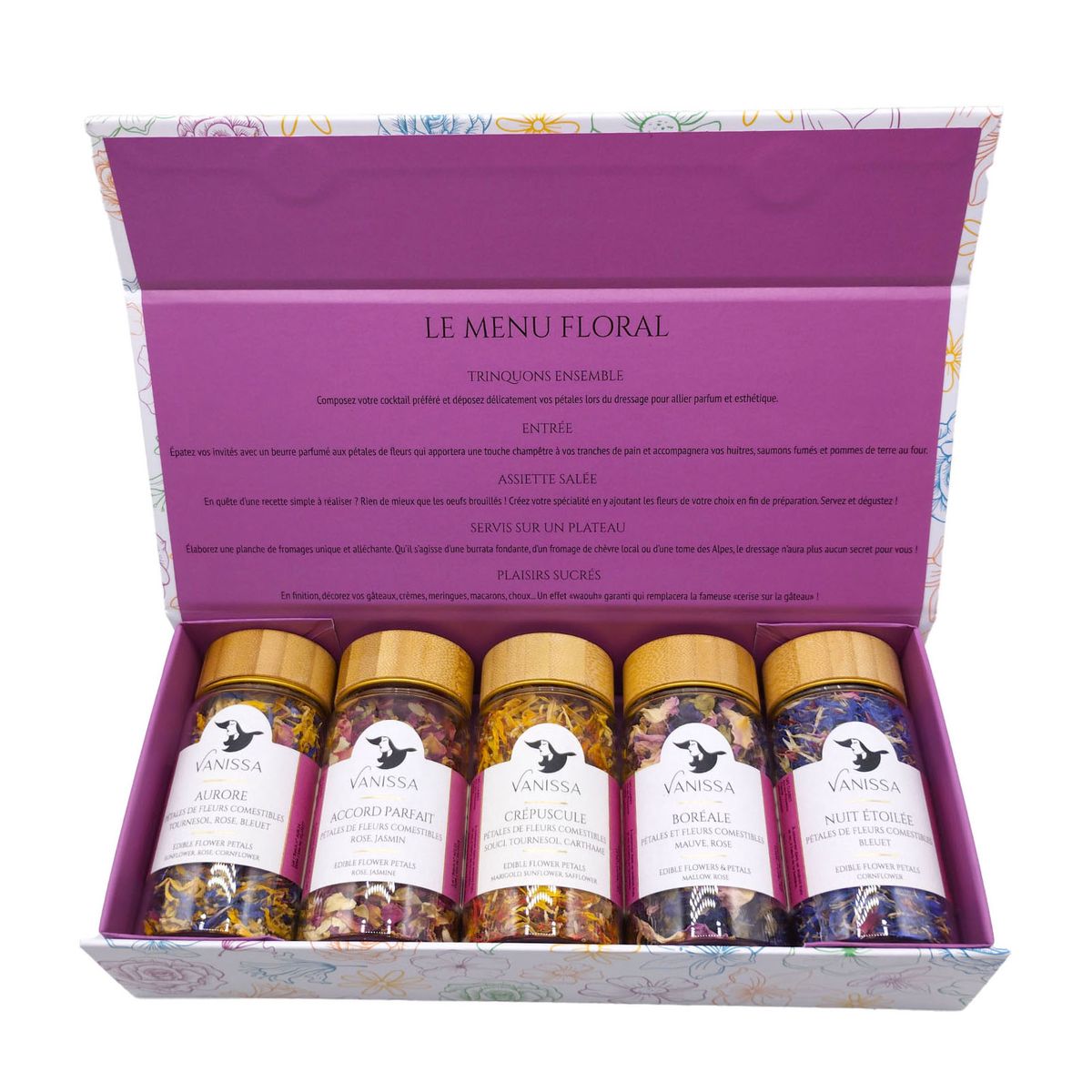 Vanissa - Geschenkset mit 5x essbare Blütenblätter-Mischungen im Glasbehälter