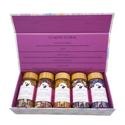 Vanissa - Geschenkset mit 5x essbare Blütenblätter-Mischungen im Glasbehälter