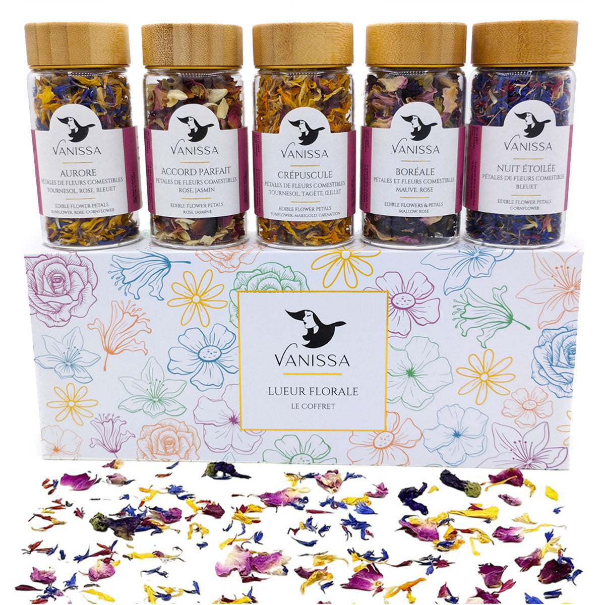 Vanissa - Geschenkset mit 5x essbare Blütenblätter-Mischungen im Glasbehälter