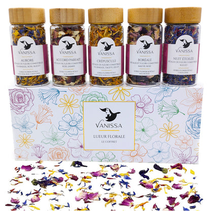 Vanissa - Geschenkset mit 5x essbare Blütenblätter-Mischungen im Glasbehälter