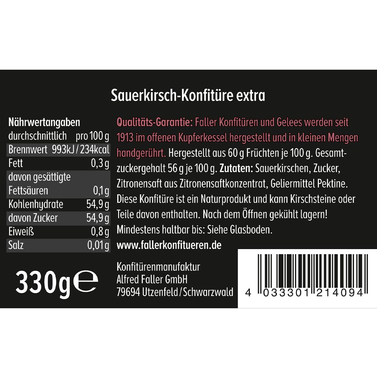 Fruchtaufstriche aus dem Schwarzwald Faller Sauerkirschen Konfitüre Vegan  330 g
