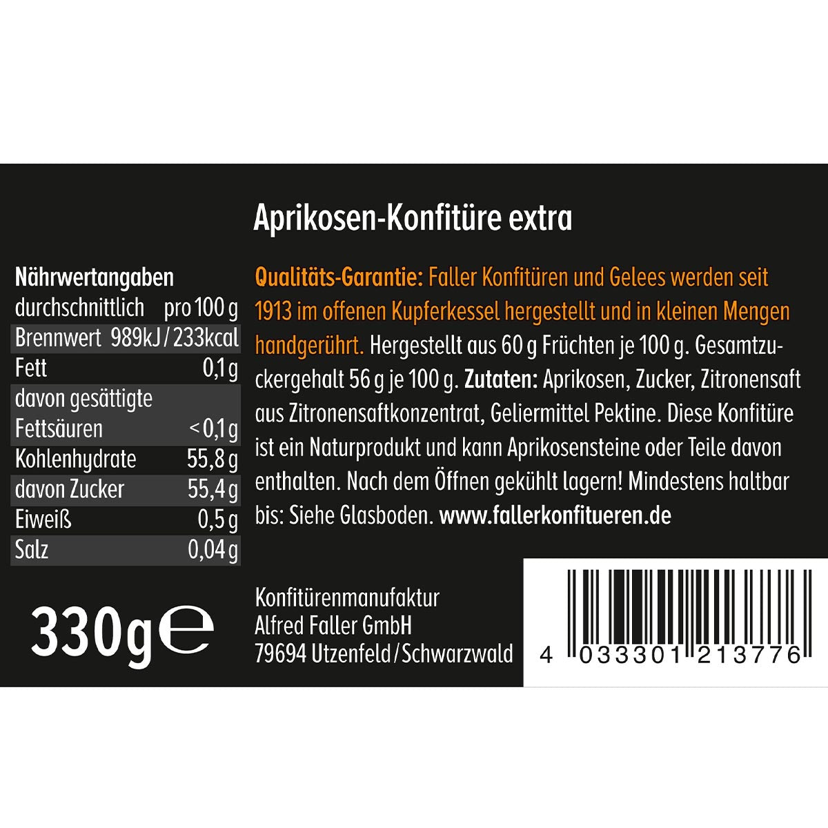 Fruchtaufstriche aus dem Schwarzwald Faller Aprikose Konfitüre extra 60% Frucht 330g