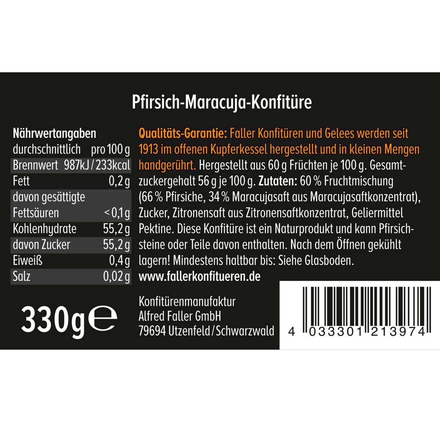 Faller Pfirsich-Maracuja Konfitüre im Glas, handgerührt aus dem Schwarzwald, veganer Fruchtaufstrich mit 60 % Fruchtanteil, wie hausgemacht, 330 g.
