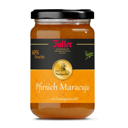 Rückseite der Faller Pfirsich-Maracuja Konfitüre mit Nährwertangaben, Zutatenliste, Qualitätsgarantie, Herstellerangaben und Barcode, handgerührter Fruchtaufstrich aus dem Schwarzwald, 330 g.