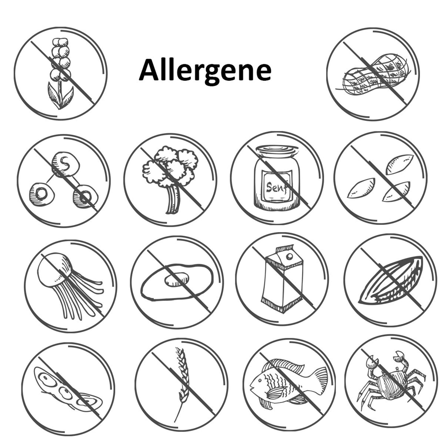 Allergenübersicht mit Symbolen für allergenfrei: keine Nüsse, Gluten, Milch, Ei, Fisch, Krebstiere, Soja, Sellerie, Senf, Sesam, Erdnüsse, Weichtiere – grafische Darstellung „Allergene“.
