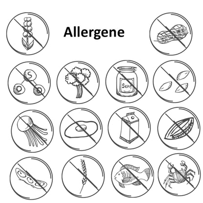 Allergenübersicht mit Symbolen für allergenfrei: keine Nüsse, Gluten, Milch, Ei, Fisch, Krebstiere, Soja, Sellerie, Senf, Sesam, Erdnüsse, Weichtiere – grafische Darstellung „Allergene“.