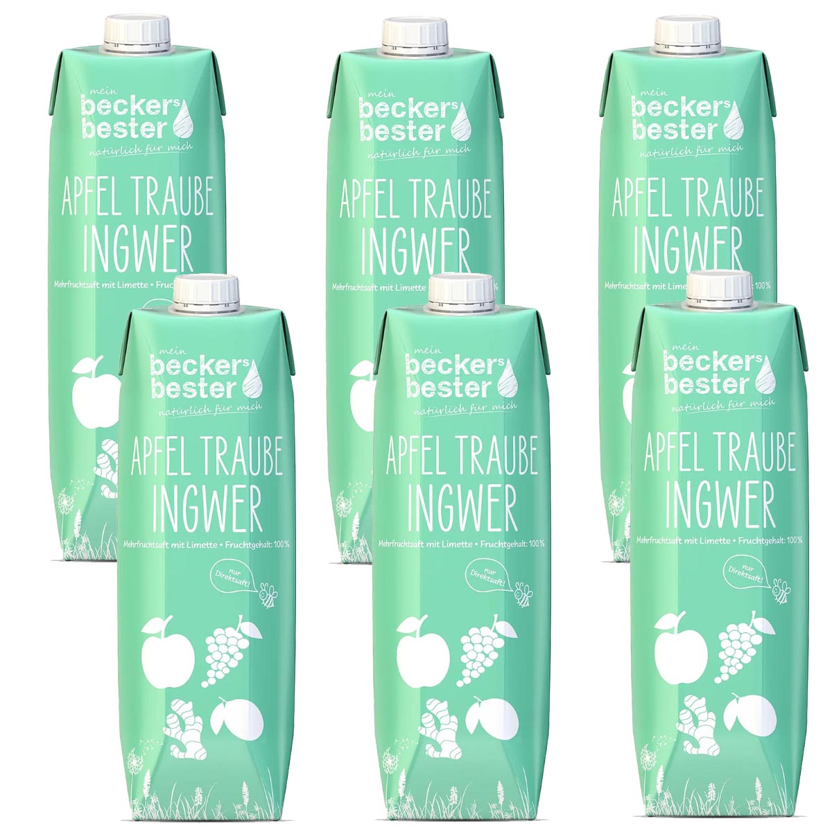 beckers bester Fruchtsaft Getränk Apfel-Traube-Ingwer Fruchtmix Getränk 6 x 1 Liter