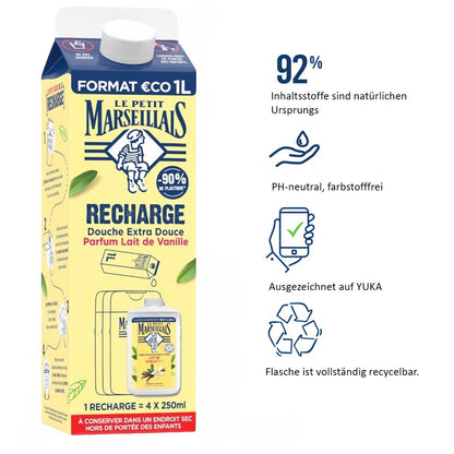 Le Petit Marseillais Duschgel  Vanille Milch 1 Liter Nachfüllpack aus Frankreich