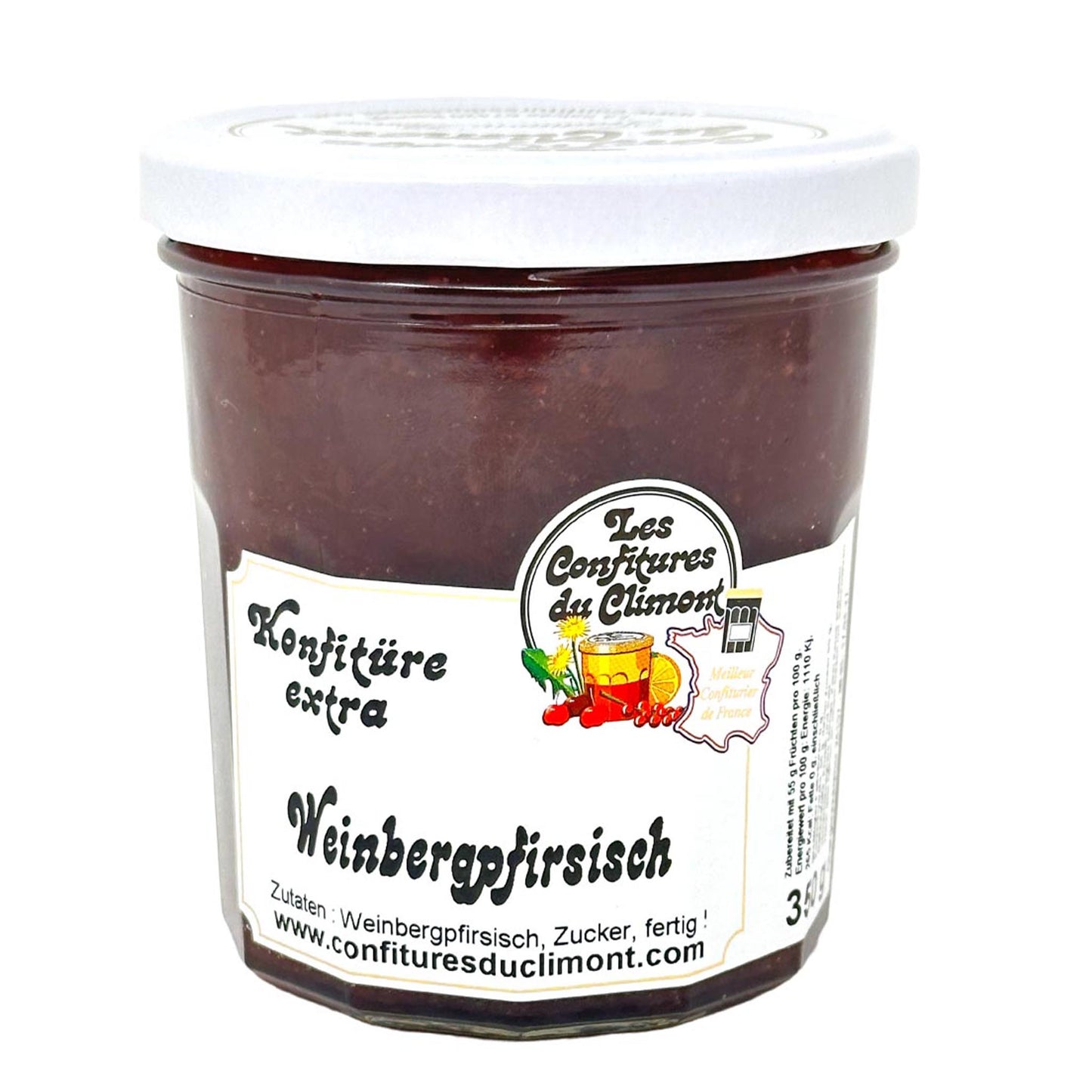 Les Confitures du Climont Weinbergpfirsich Konfitüre extra im Glas mit weißem Deckel, handwerklich hergestellte französische Konfitüre aus dem Elsass, intensiver Fruchtgeschmack, Produktansicht.