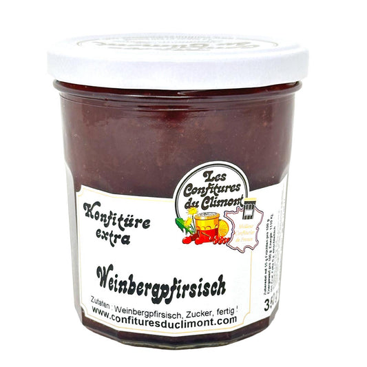 Les Confitures du Climont Weinbergpfirsich Konfitüre extra im Glas mit weißem Deckel, handwerklich hergestellte französische Konfitüre aus dem Elsass, intensiver Fruchtgeschmack, Produktansicht.