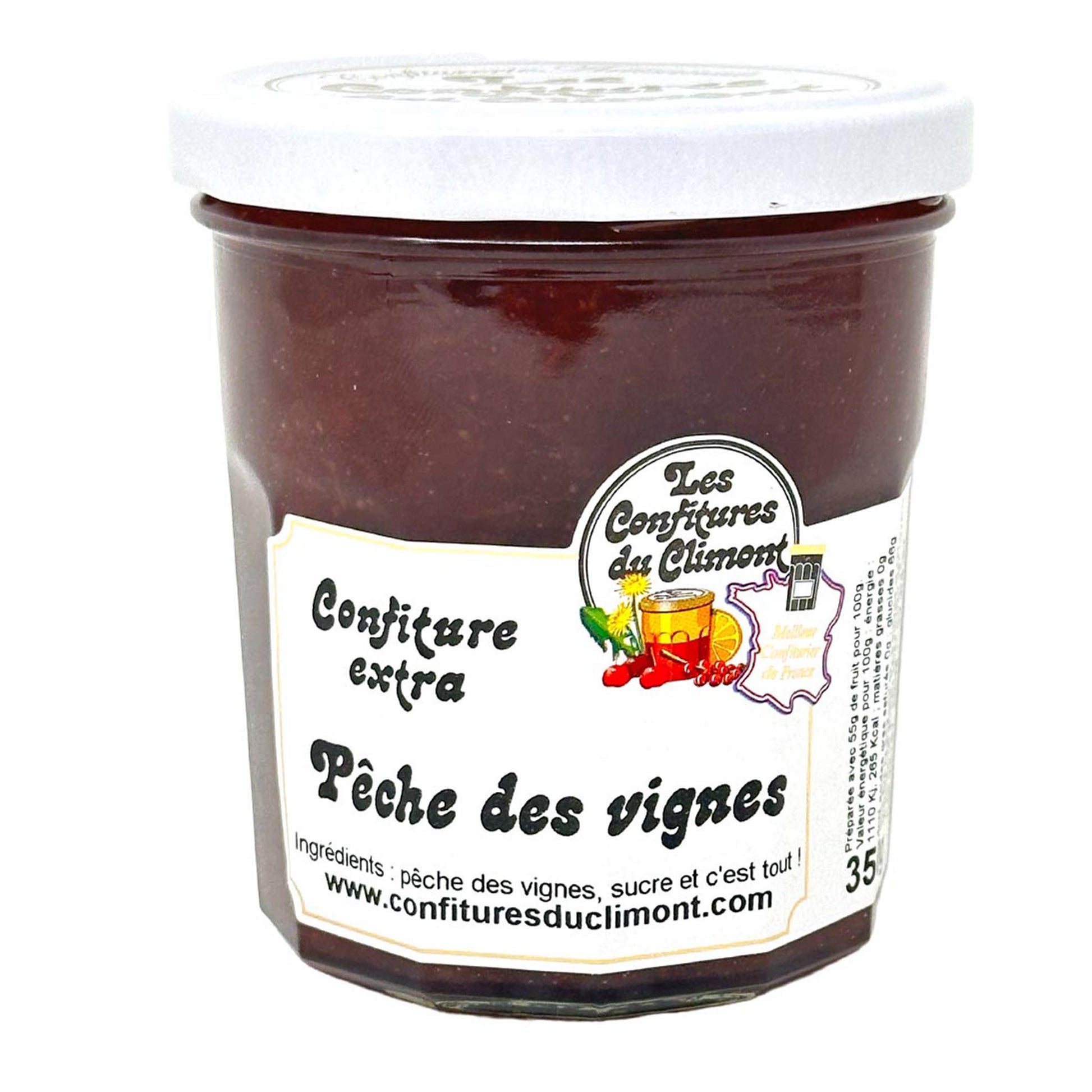 Les Confitures du Climont Pêche des vignes Konfitüre extra im Glas mit weißem Deckel, handwerklich hergestellte Weinbergpfirsich-Konfitüre aus dem Elsass, französische Spezialität mit intensivem Fruchtgeschmack.