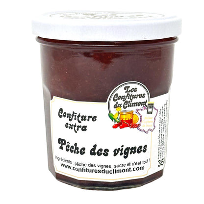 Les Confitures du Climont Pêche des vignes Konfitüre extra im Glas mit weißem Deckel, handwerklich hergestellte Weinbergpfirsich-Konfitüre aus dem Elsass, französische Spezialität mit intensivem Fruchtgeschmack.