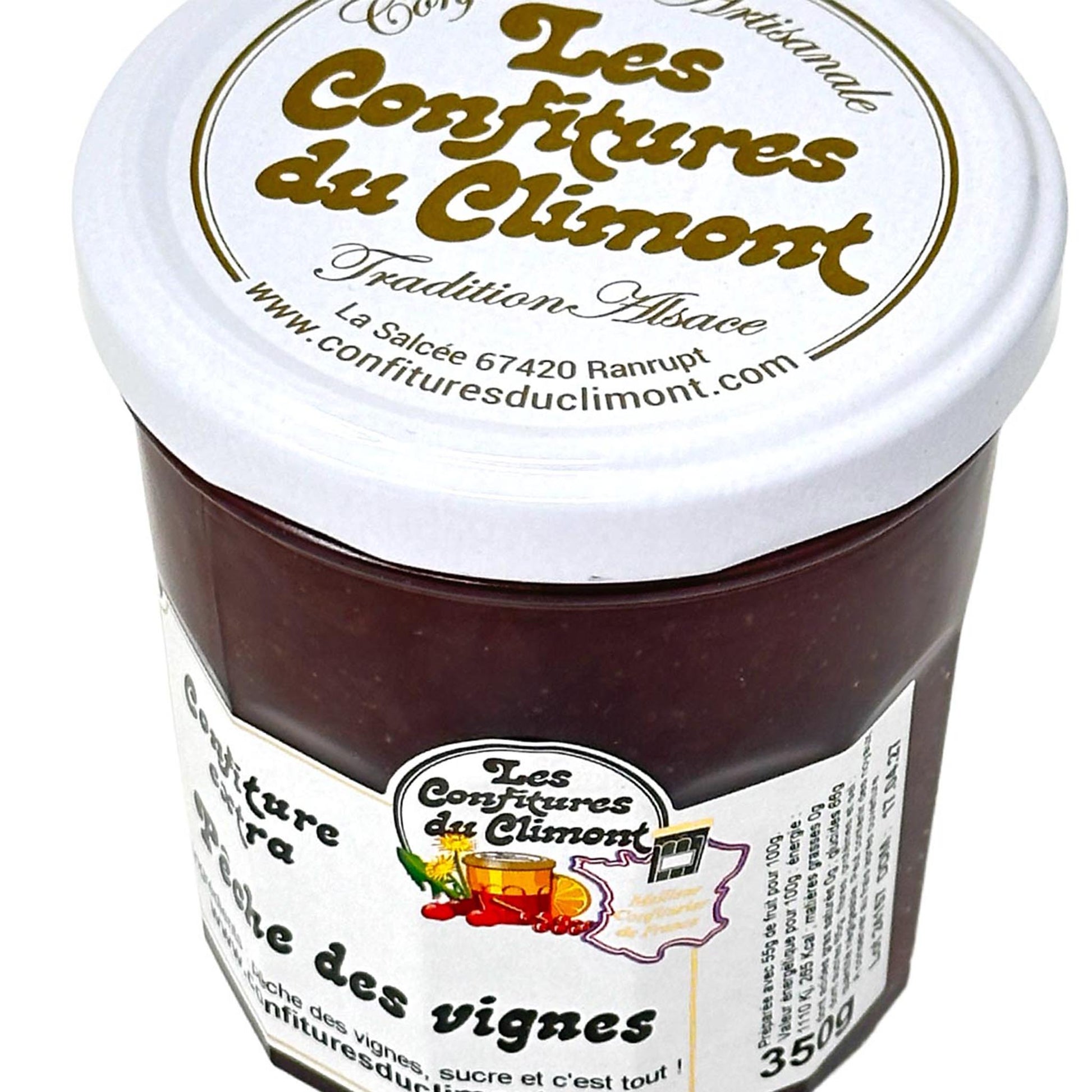 Les Confitures du Climont Weinbergpfirsich Konfitüre extra 350 g im Glas, Detailansicht von Deckel und Etikett, handwerklich hergestellte französische Konfitüre aus dem Elsass, intensiver Fruchtgeschmack.