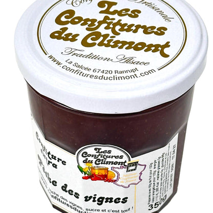 Les Confitures du Climont Weinbergpfirsich Konfitüre extra 350 g im Glas, Detailansicht von Deckel und Etikett, handwerklich hergestellte französische Konfitüre aus dem Elsass, intensiver Fruchtgeschmack.