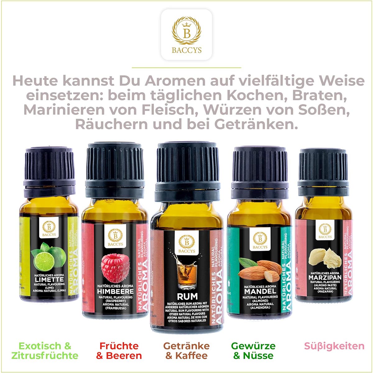 BACCYS Natürliches Aroma: Intensive Geschmacksvielfalt für Getränke und Backen, 10ml, vegan, zuckerfrei