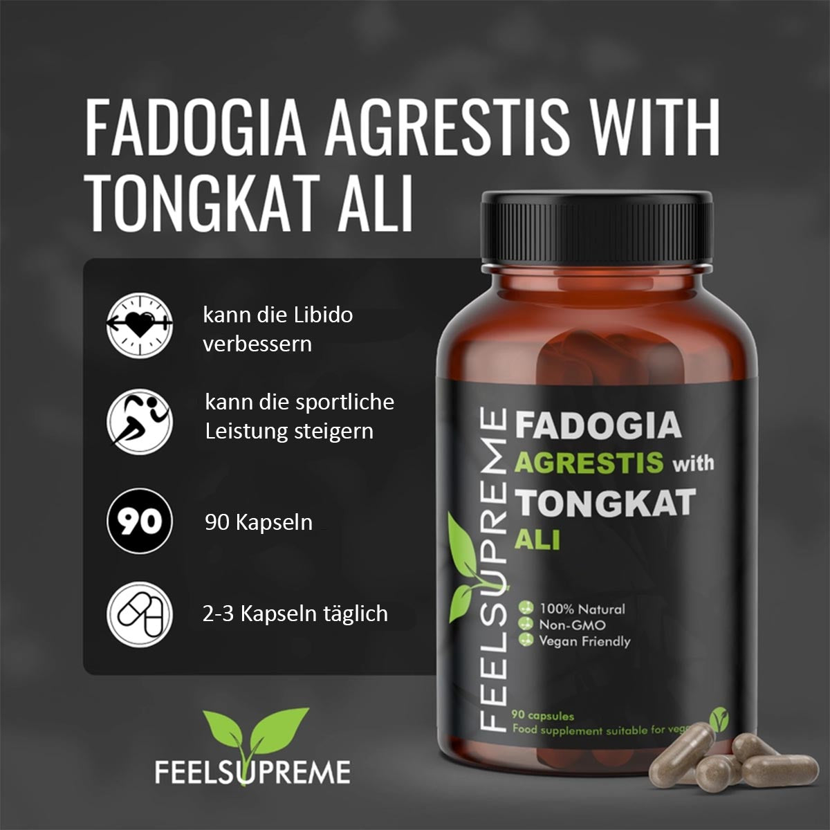 Feel Supreme Tongkat Ali mit Fadogia Agrestis | Natürlicher Testosteronschub 90 Stck.