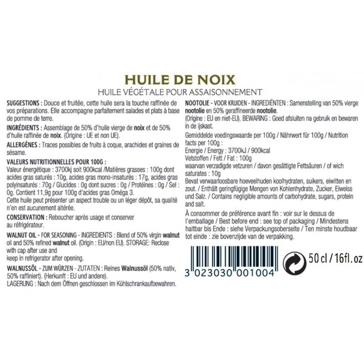 GUÉNARD 50% natives Walnussöl 50% raffiniertes Walnussöl aus Frankreich 1 L