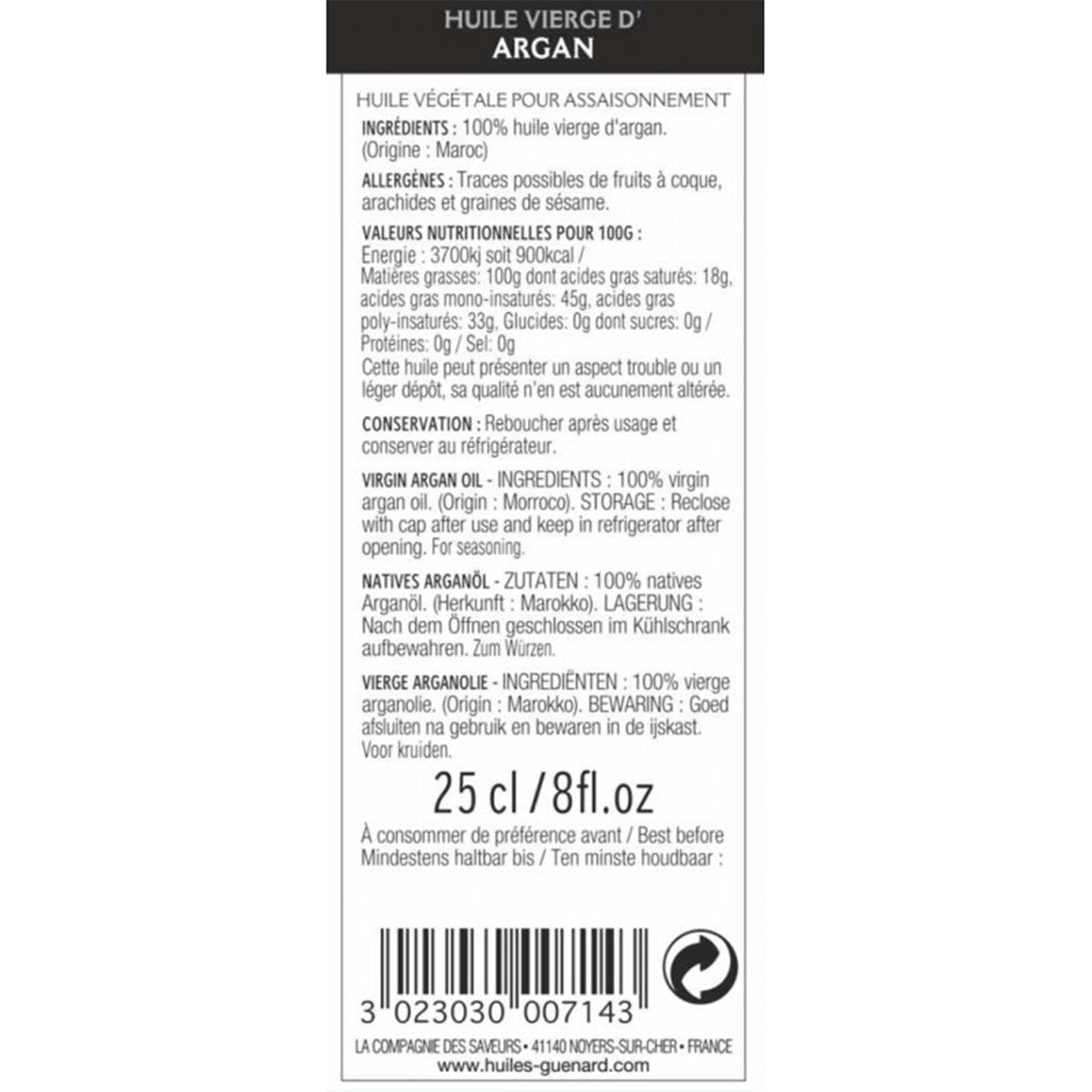 GUÉNARD Natives Arganöl 250ml - Hochwertiges Marokkanisches Speiseöl