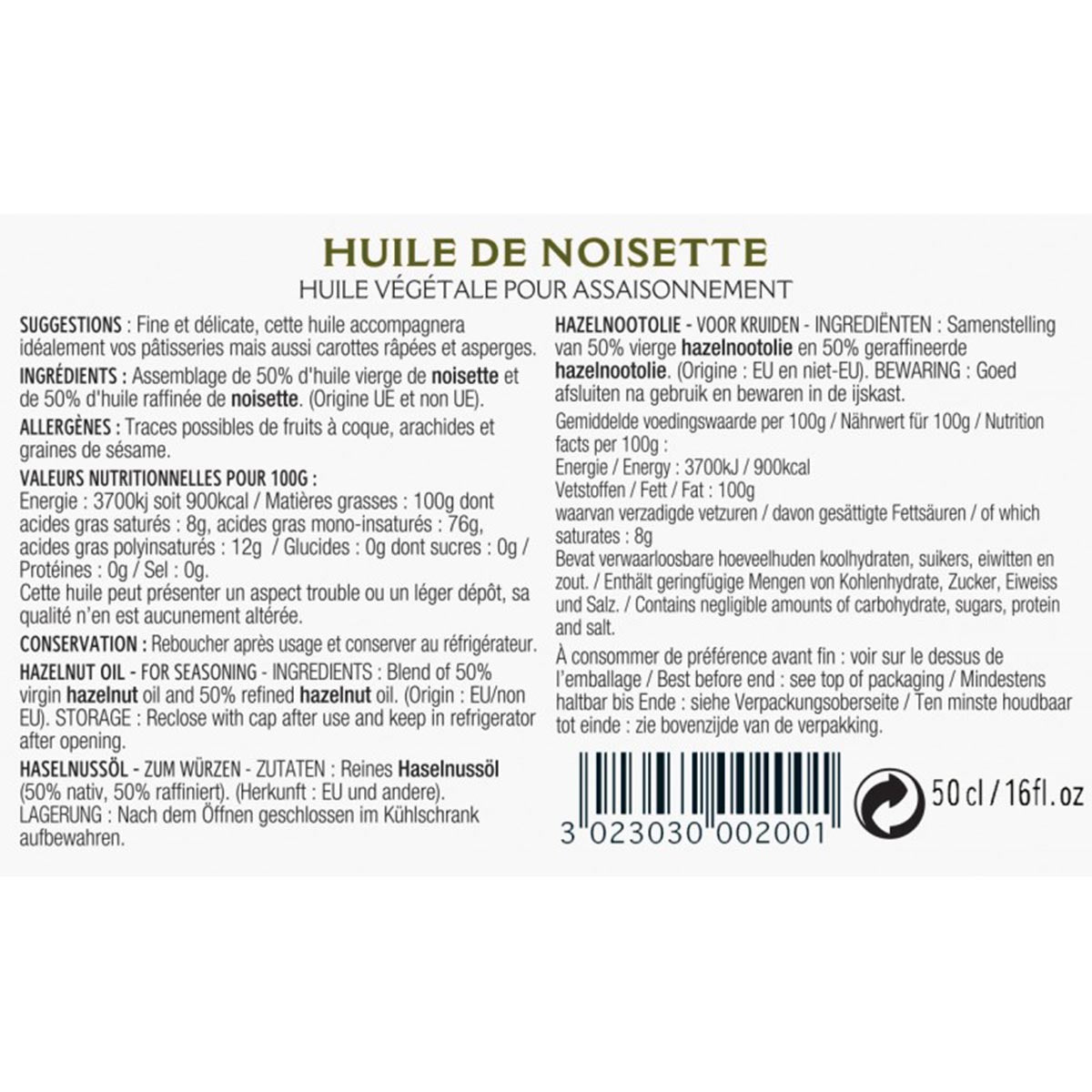 GUÉNARD reines Haselnussöl 50% nativ 50% raffiniert 500 ml